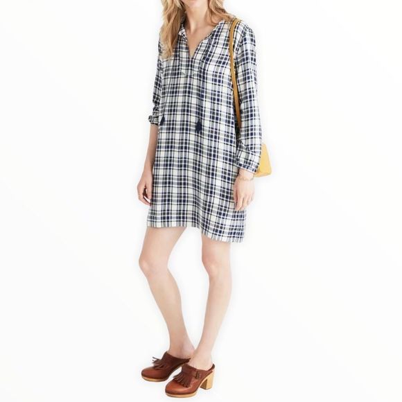 Madewell Navy Cream Plaid Artiste Tunic Dress with Tassels and Pockets - Picture 1 of 13